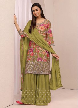 Chinon Palazzo Suit with Digital Print Work for Women in Olive