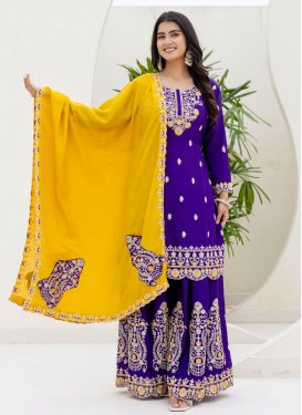Chinon Palazzo Suit with Embroidered Work for Ceremonial in Purple