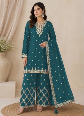 Chinon Palazzo Suit with Embroidered Work for Ceremonial in Teal