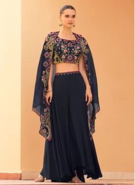 Chinon Palazzo Suit with Embroidered Work for Festival in Black