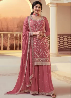 Chinon Palazzo Suit with Embroidered Work for Festival in Salmon