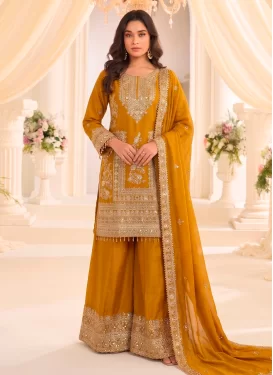 Chinon Palazzo Suit with Embroidered Work for Party in Mustard
