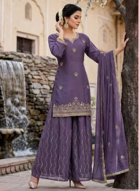 Chinon Palazzo Suit with Embroidered Work for Party in Violet