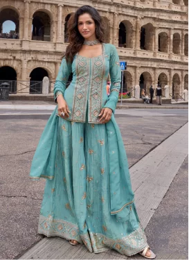 Chinon Palazzo Suit with Embroidered Work for Women in Aqua Blue
