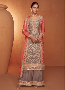 Chinon Palazzo Suit with Embroidered Work for Women in Brown and Salmon