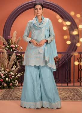 Chinon Palazzo Suit with Embroidered Work for Women in Light Blue
