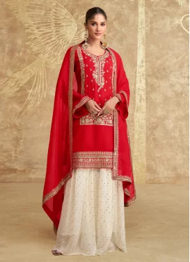 Chinon Palazzo Suit with Embroidered Work for Women in Off White and Red