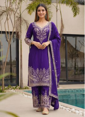 Chinon Palazzo Suit with Embroidered Work for Women in Purple