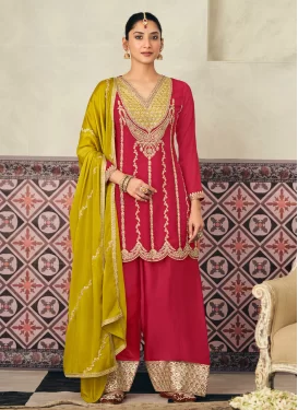 Chinon Palazzo Suit with Embroidered Work for Women in Rose Pink
