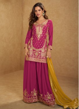 Chinon Palazzo Suit with Embroidered Work in Fuchsia