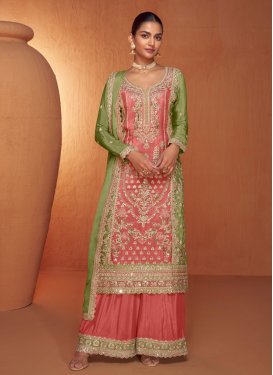 Chinon Palazzo Suit with Embroidered Work in Olive and Salmon