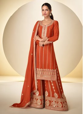 Chinon Palazzo Suit with Embroidered Work in Orange for Festival