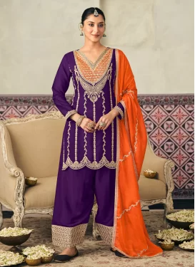 Chinon Palazzo Suit with Embroidered Work in Purple for Festival
