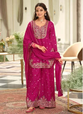 Chinon Palazzo Suit with Embroidered Work in Rose Pink for Festival