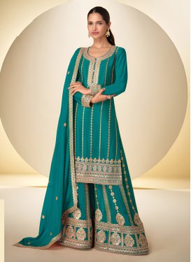 Chinon Palazzo Suit with Embroidered Work in Teal