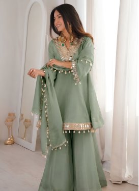Chinon Palazzo Suit with Mirror Work in Sea Green for Party