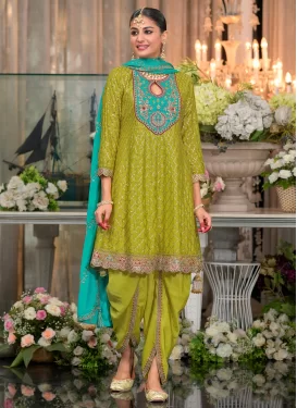 Chinon Punjabi Salwar Suit in Olive with Embroidered Work for Festival