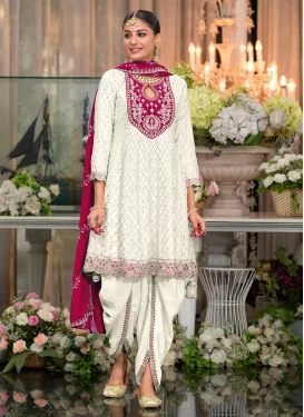 Chinon Punjabi Salwar Suit with Embroidered Work for Women in Off White
