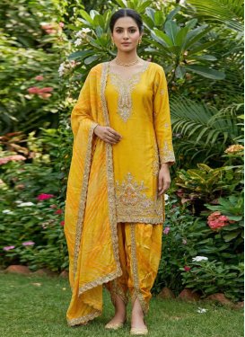 Chinon Punjabi Salwar Suit with Embroidered Work in Mustard for Festival