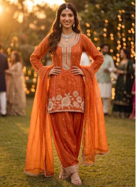 Chinon Punjabi Salwar Suit with Embroidered Work in Orange