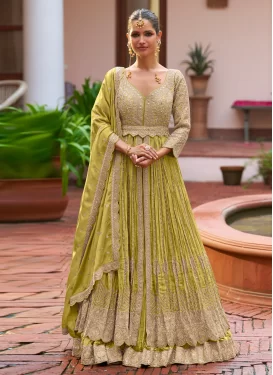 Chinon Readymade Lehenga Choli with Embroidered Work in Aloe Veera Green