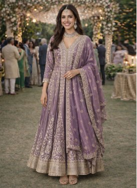 Chinon Readymade Salwar Suit in Violet with Embroidered Work for Festival