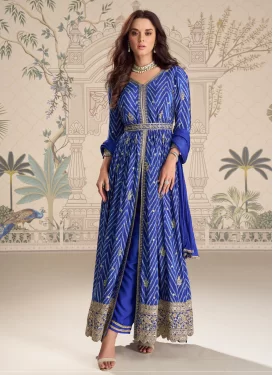 Chinon Readymade Salwar Suit with Bandhani Print Work in Blue for Festival