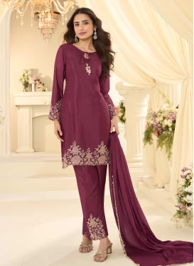 Chinon Readymade Salwar Suit with Cutdana Work in Maroon