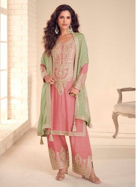 Chinon Readymade Salwar Suit with Embroidered Work in Salmon