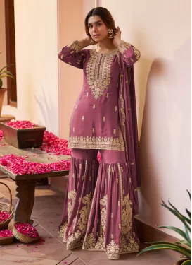 Chinon Sharara Suit in Hot Pink with Embroidered Work for Women