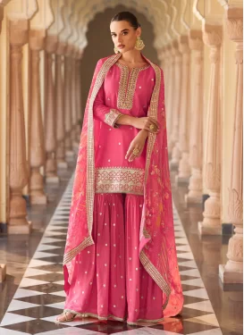 Chinon Sharara Suit in Hot Pink with Embroidered Work for Women