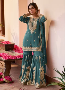 Chinon Sharara Suit with Embroidered Work for Festival in Aqua Blue