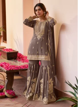 Chinon Sharara Suit with Embroidered Work for Festival in Brown