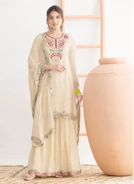 Chinon Sharara Suit with Embroidered Work for Festival in Cream