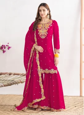Chinon Sharara Suit with Embroidered Work in Rose Pink