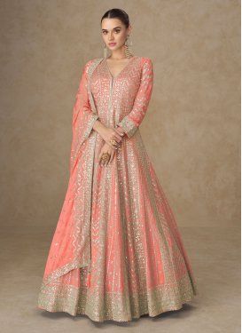 Chinon Trendy Gown in Salmon with Embroidered Work for Women