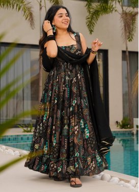 Chinon Trendy Gown with Digital Print Work for Festival in Black