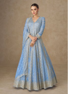Chinon Trendy Gown with Embroidered Work in Light Blue