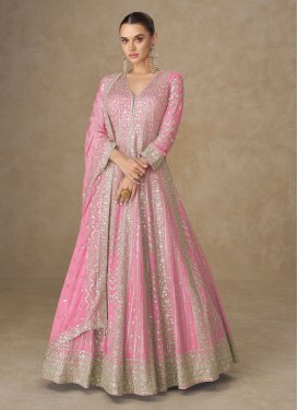 Chinon Trendy Gown with Embroidered Work in Pink for Party