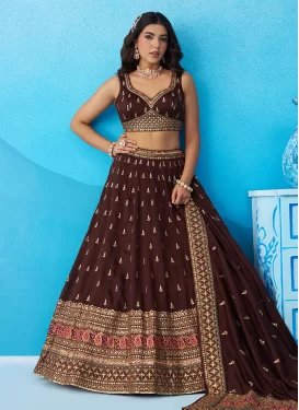 Chinon Trendy Lehenga Choli with Embroidered Work in Coffee Brown for Bridal