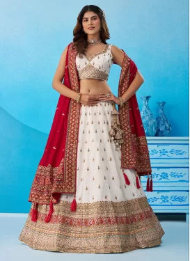 Chinon Trendy Lehenga Choli with Embroidered Work in Red and White