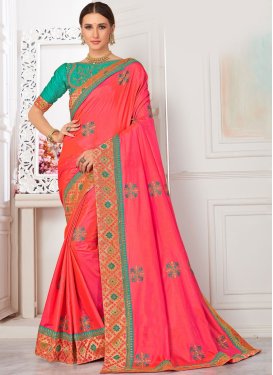 Classic Saree Embroidered Poly Silk in Hot Pink