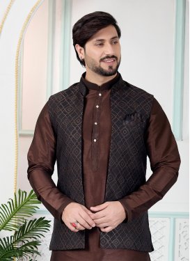 Coffee Brown Jacquard Silk Nehru Jacket with Woven Work for Party