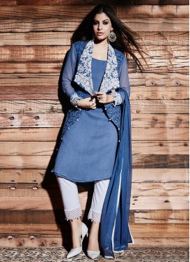 Compelling Navy Blue Color Jacket Style Designer Salwar Kameez