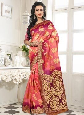 Compelling Salmon And Purple Color Party Wear Saree