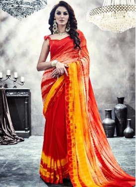 Conspicuous Faux Georgette Red and Yellow Contemporary Saree For Casual