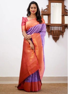 Coral and Violet Silk Blend Traditional Designer Saree