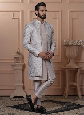 Cord Work Fancy Fabric Indo Western in Beige and Grey for Festival