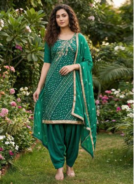 Cotton Bandhani Print Work Punjabi Salwar Suit in Green