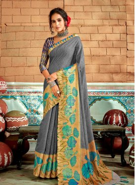 Cotton Beige and Grey Designer Contemporary Style Saree For Casual